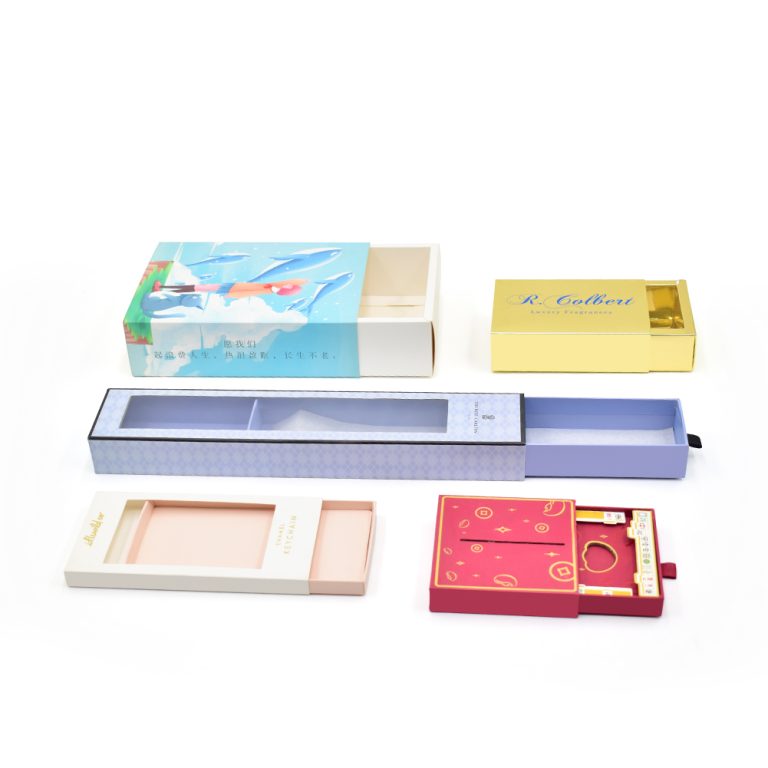 Sliding drawer paper boxes in book, pencil and jewellery styles