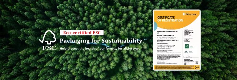 我们的 FSC 产销监管链证书与标识。证书编号按订单记录，确保包装上的声明可溯源。